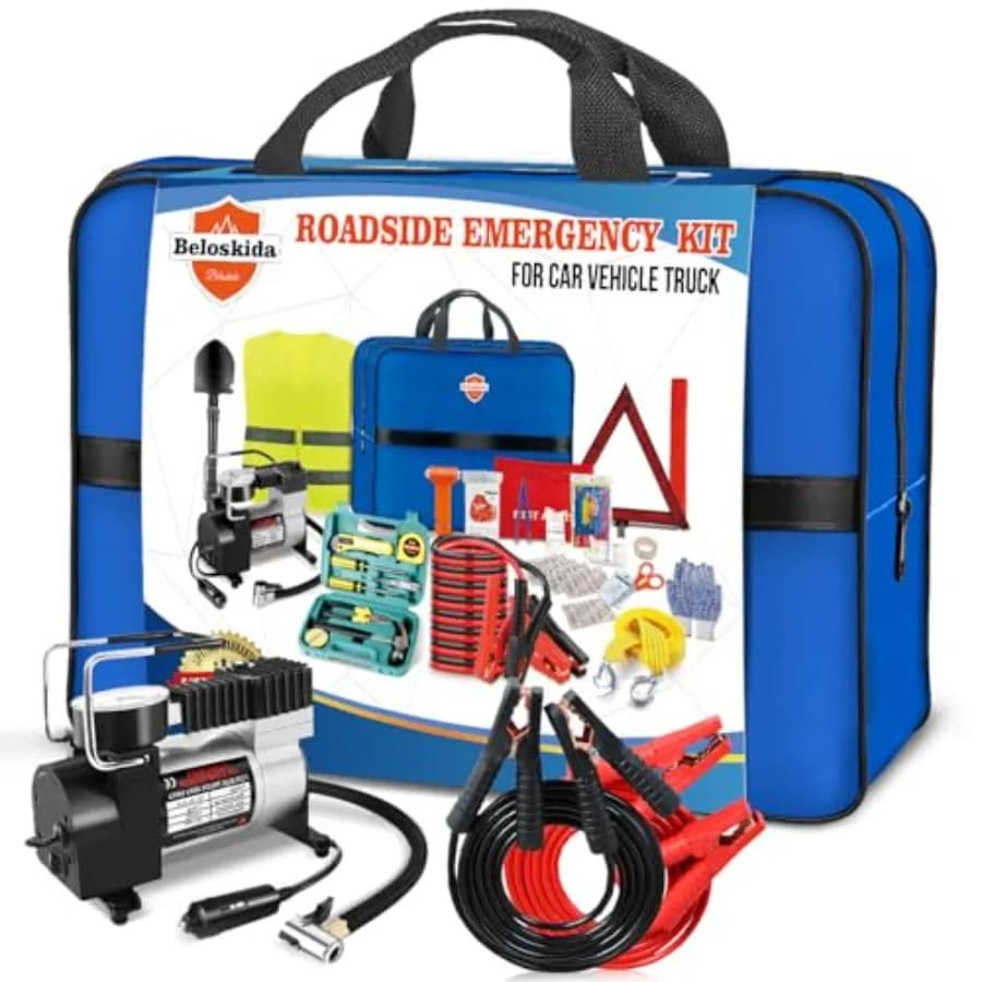 Kit di Emergenza per Auto, Set di Attrezzi per Emergenze Stradali per Veicoli e Camion con Compressore d'Aria, Cavi di Avviamento, Kit di Pronto Soccorso, per Auto in Inverno