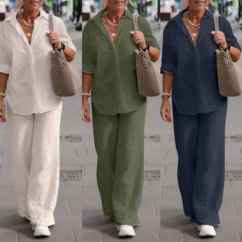 Two-Piece Blouse Wide Leg Pants Suit Spring Faion Ladies Set Student orm Work Outfit Comfortable Breathable Cotton Blend