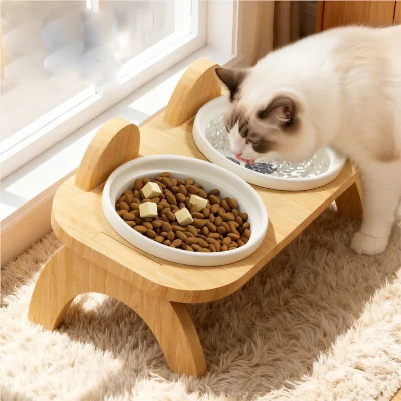 Ciotola in Ceramica per Gatti/Cani, Ciotola Doppia per Bere e Mangiare con Supporto in Legno, Accessori per Animali Domestici LJ180