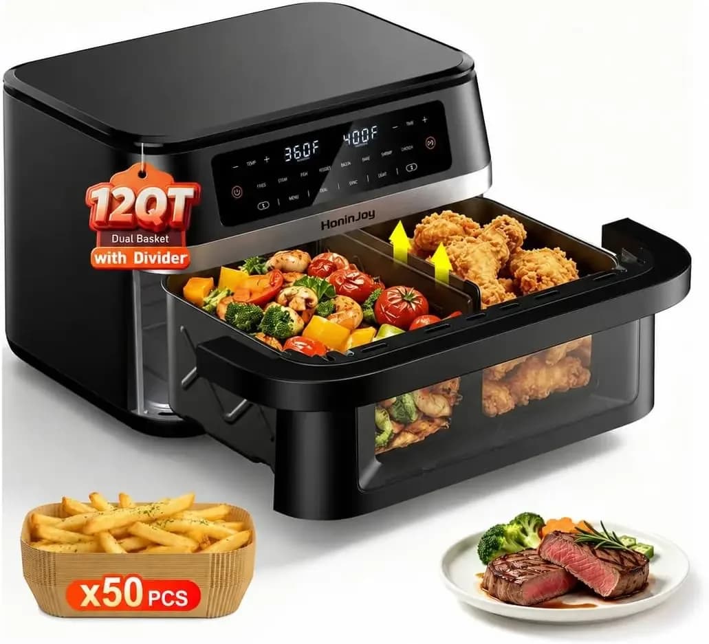 Dual Basket Air Fryers with Flex Basket, 12QT Double Air Fryer with Viewing Window & 50PCS Paper Liners, for 10 People