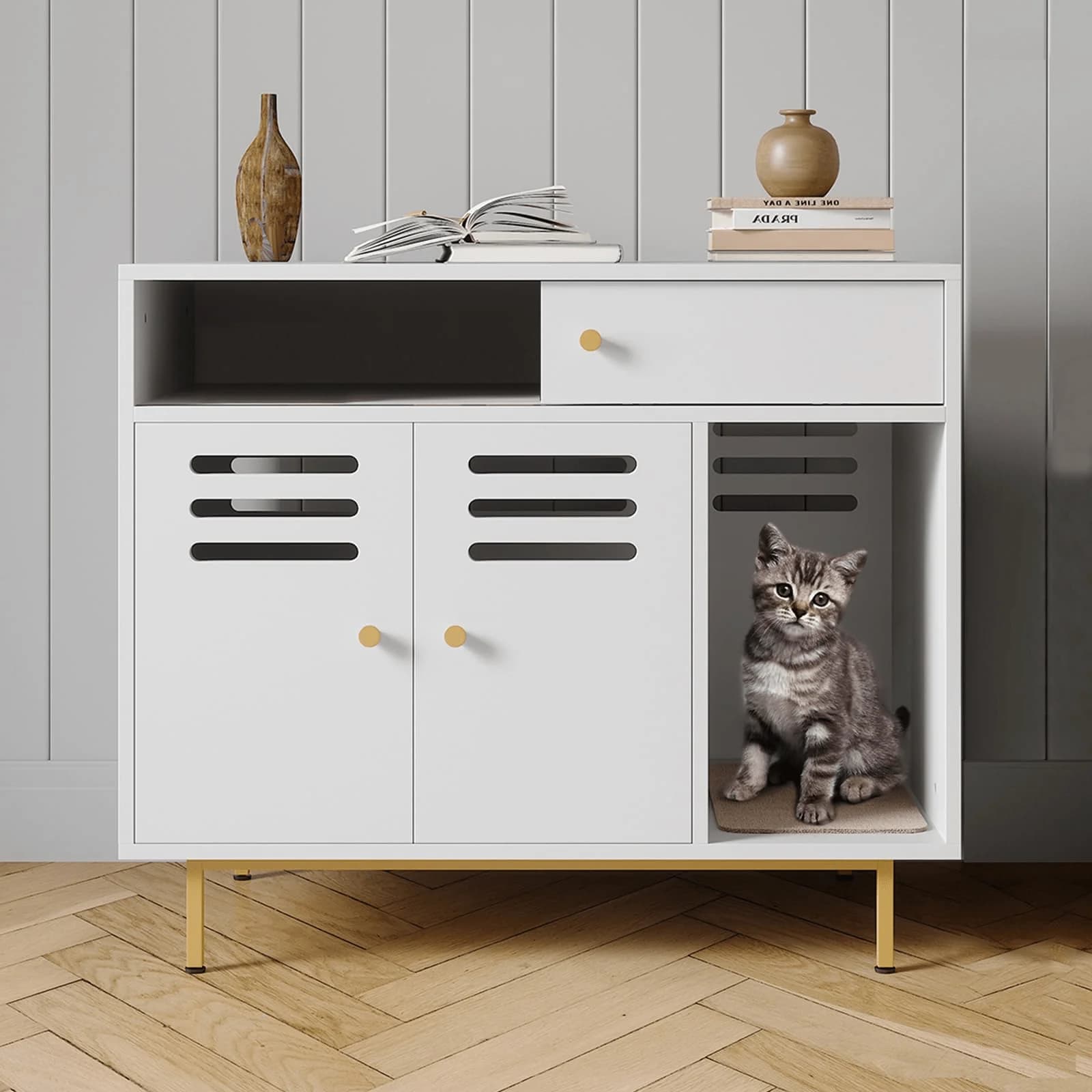 Garveehome Mobiletto per Lettiera Gatti con Ripiano Portaoggetti, Lettiera Nascosta con Gambe in Metallo e Pannello Ventilato, per Interni