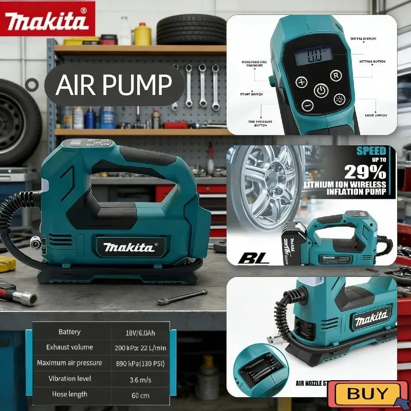 Pompa ad aria senza spazzole Makita 18V, gonfiatore portatile a batteria 18V: Pompa per pneumatici con display digitale per auto e moto