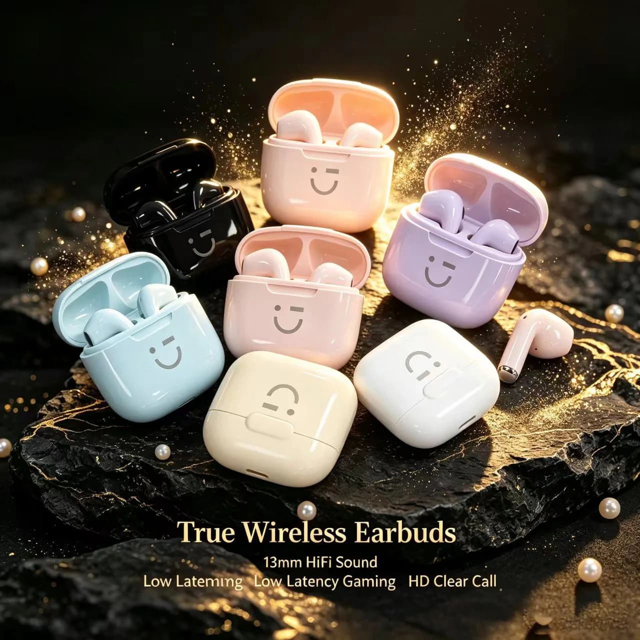 Cute Smiley True Wireless Bluetooth Earbuds 13mm HiFi Stereo Semi-In-Ear Headset Low Latency Gaming Earphone HD Call Headphones
