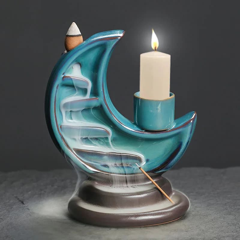 Bruciatore di incenso a cascata di luna in ceramica 3 in1 da 1 pezzo con portacandele con funzione di riflusso e bruciatore di incenso (senza incenso)