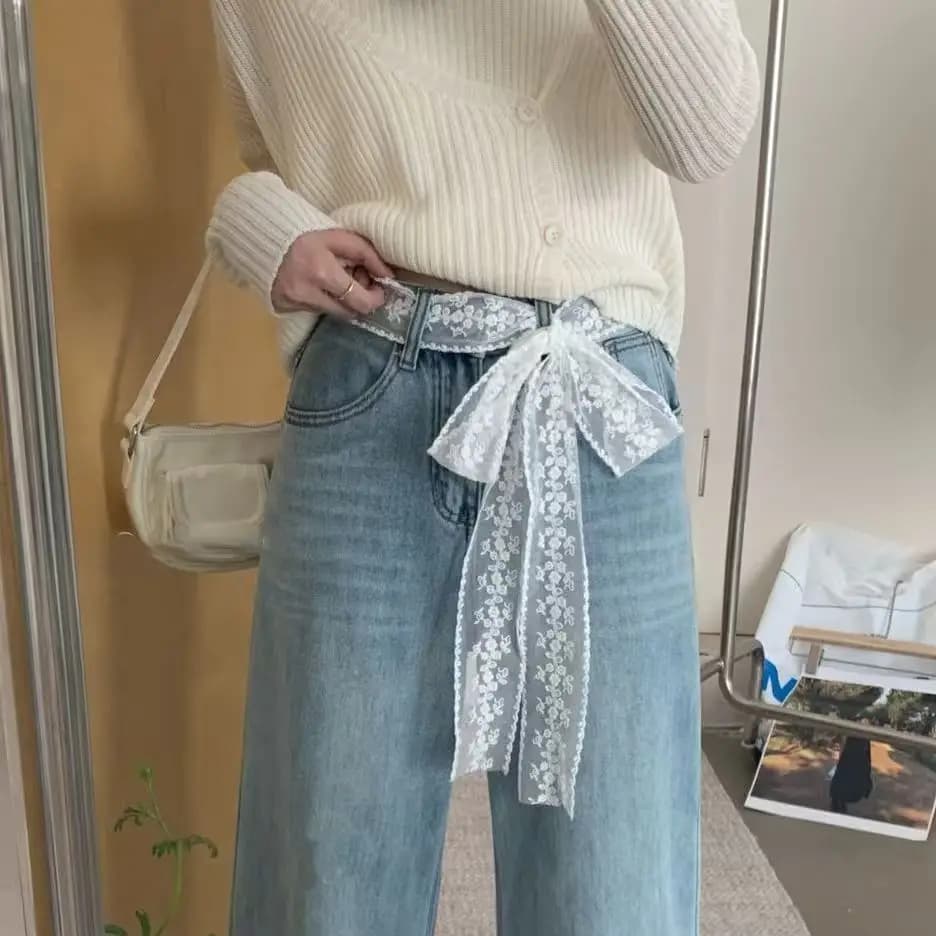 Cintura Lunga in Pizzo Y2K alla Moda con Fiocco Floreale, Sottile, da Annodare, per Vestiti e Jeans, Estiva