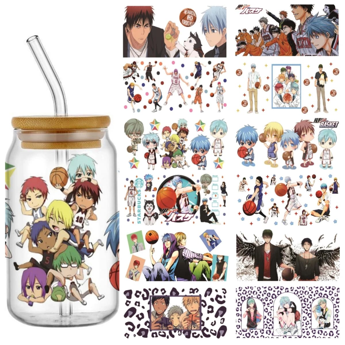 Adesivi decorativi UV DTF da 16oz con disegno di ragazzi che giocano a basket, per bicchieri Libbey, impermeabili, fai da te.