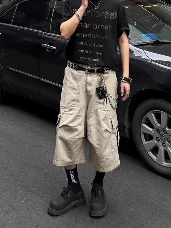 Khaki Multi-Pocket Men's Shorts Summer American High Street Workwear Loose Sports Wide Leg Seven-Foot Pants Casual Pants