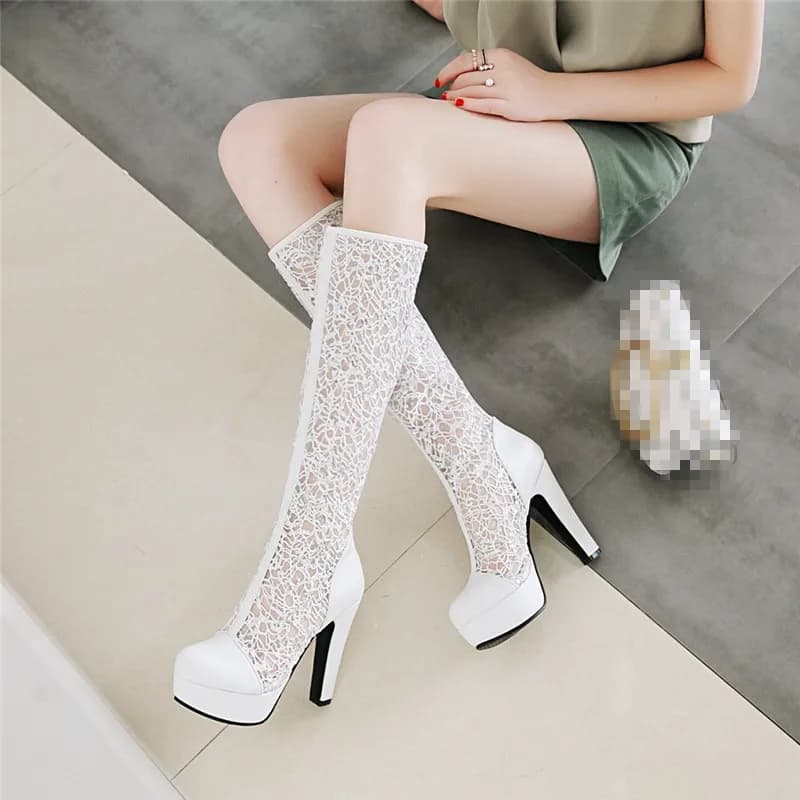 YMECHIC Summer Lace Mesh tacchi alti sandali gladiatore alti al ginocchio stivali piattaforma donna scarpe tacco alto bianco nero stivale lungo 2023