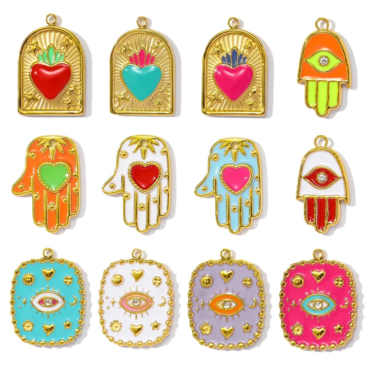 3 pz/lotto Commercio All'ingrosso In Acciaio Inox Smalto Stella Cuore Fai Da Te Pendenti E Ciondoli Donna Geomotrico Evil Eye Collana Pendenti Gioielli A Mano di Hamsa
