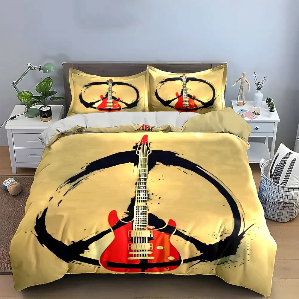Set di biancheria da letto con motivo artistico a chitarra e musica, con 1 copripiumino e 2 federe, per letto singolo, matrimoniale, king size, queen size, idea regalo
