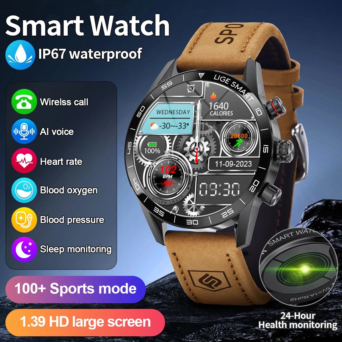LIGE Business Watch For Men Smart Watch AMOLED HD Screen Smartwatch Chiamate Bluetooth IP67 Braccialetto intelligente impermeabile Full Touch