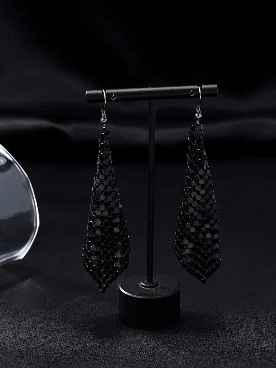 Elegant Shiny Black Metal Net Chain Dangle Earrings For Women Party Festival Jewelry