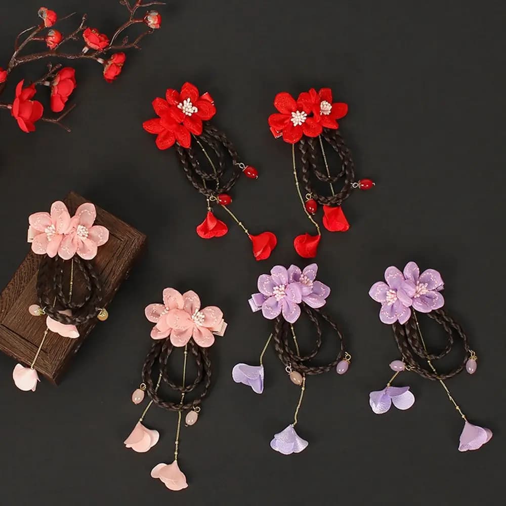 Accessori per Capelli con Nappine per Bambine, Copricapo Hanfu con Perle, Accessori per Capelli per Bambini, Copricapo per Capodanno, Parrucca per Neonati, Fermaglio per Capelli con Fiocco