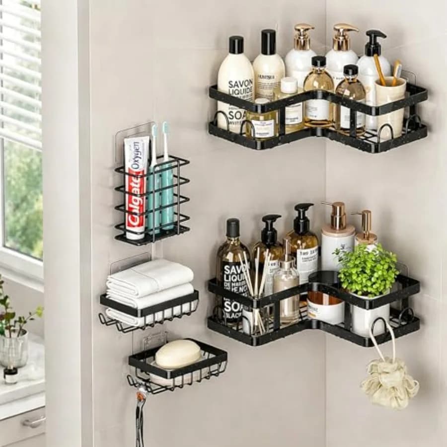 5 Pack Corner Shower Caddy Adhesive Bathroom Shelves Wall Mounted No Drill Storage Organizer Rack for Shower Kitchen Rustproof