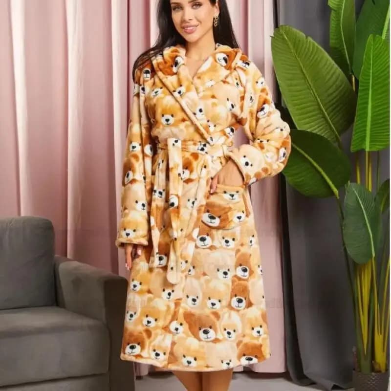 Cute Cartoon Flannel Sleepwear Women Kimono Gown Bathrobe Autumn and Winter New Nightwear Lady Soft Hooded Home Clothes