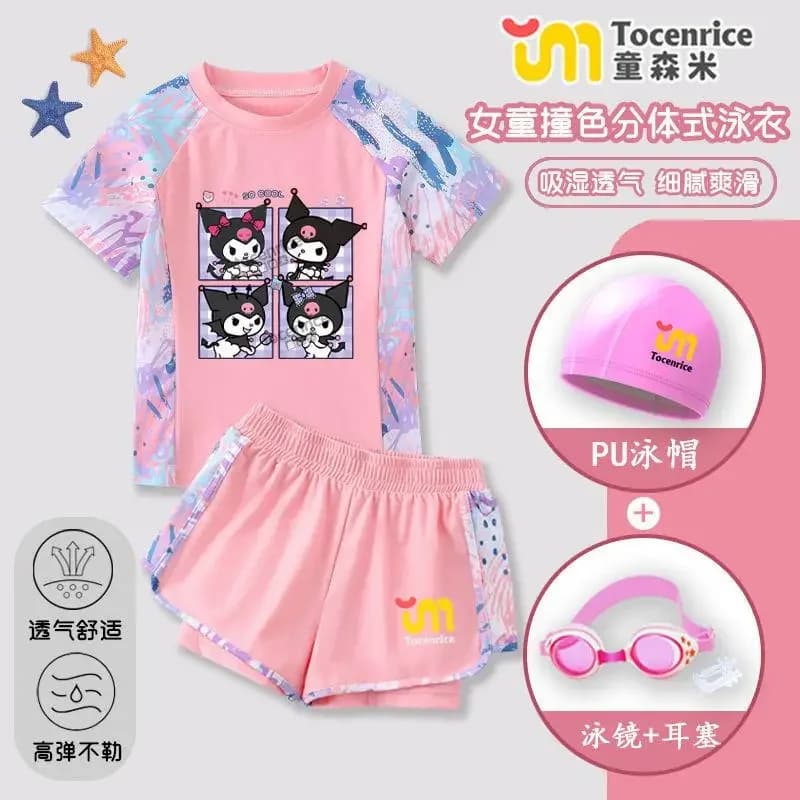 Nuovo Costume da Bagno Kawaii per Ragazze Anime, Set Kuromi con Maniche Corte e Pantaloncini, Asciugatura Rapida, Traspirante, Protezione Solare per Spiaggia
