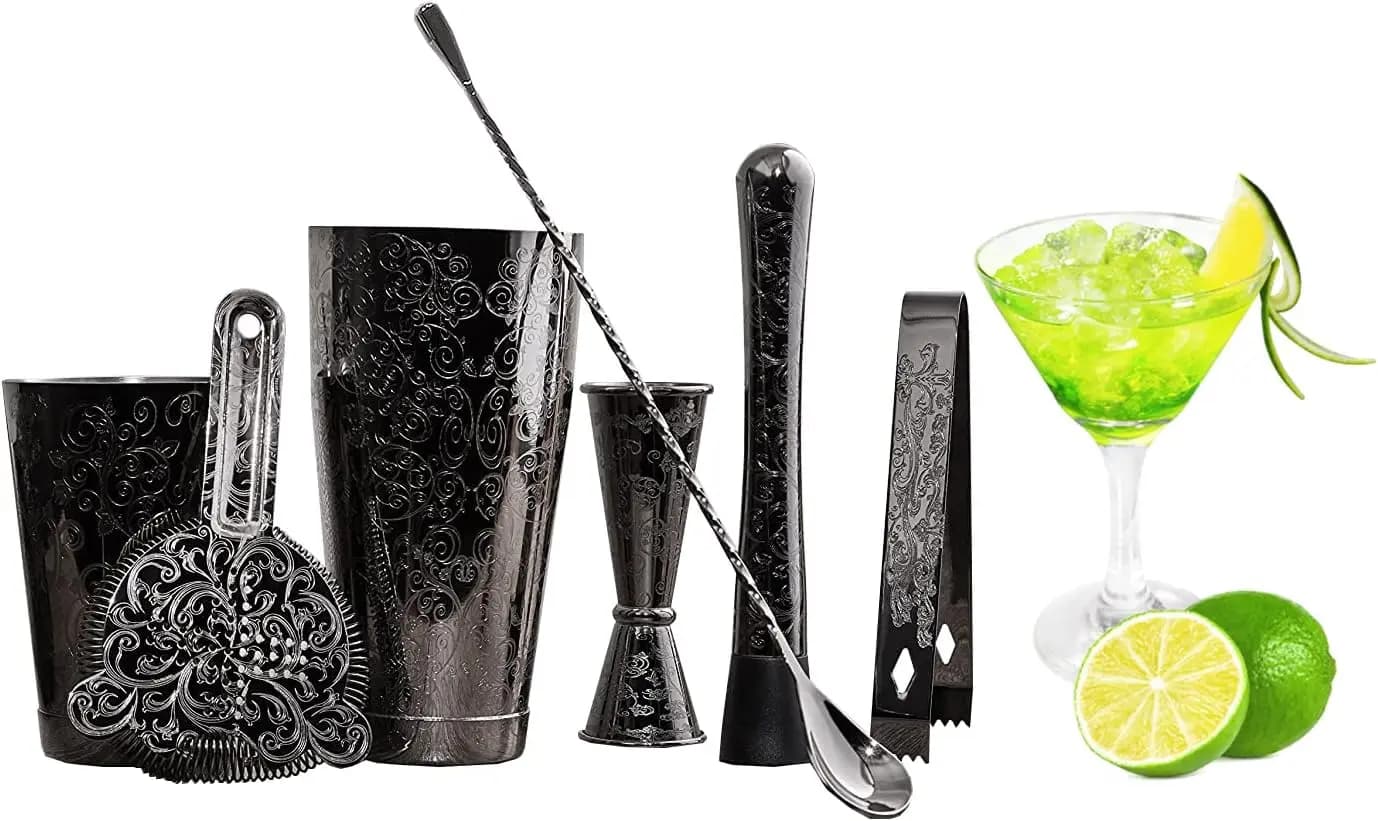 Set da Cocktail in Acciaio Inox Nero da 7 Pezzi con Utensili da Bar Incisi per Bartending Domestico