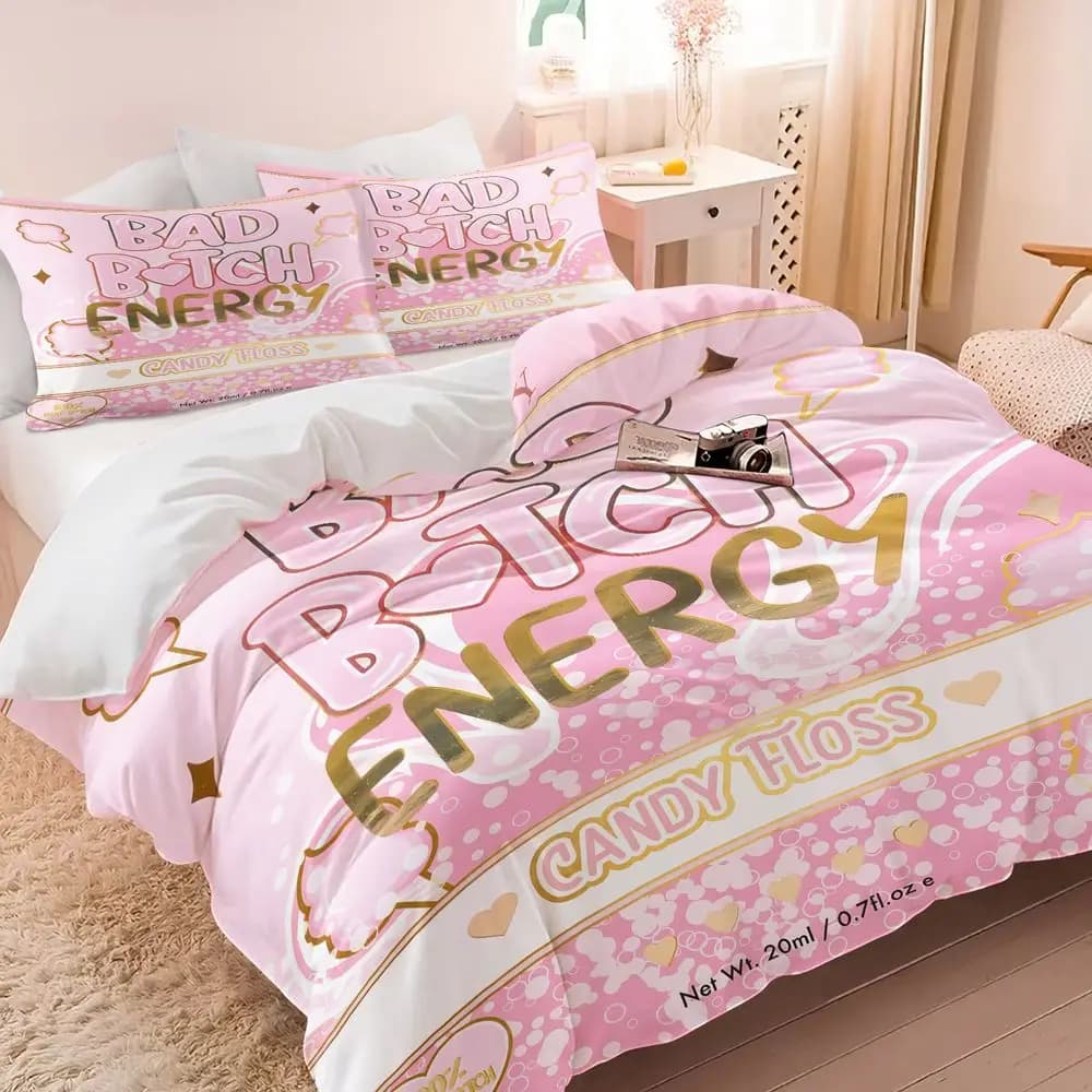 Set Copripiumino Estetico Rosa 'Bad Btch Energy' (1 Copripiumino e 1/2 Federe) Set Biancheria da Letto Morbida 'BAD' per Arredamento Camera da Letto