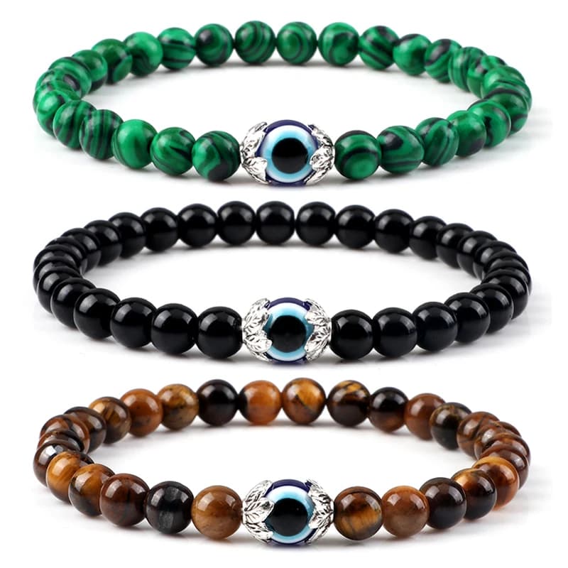Moda turco blu malocchio braccialetti per donna uomo 6mm occhio di tigre pietra lavica onice perline braccialetto corda elastica gioielli Pulseras