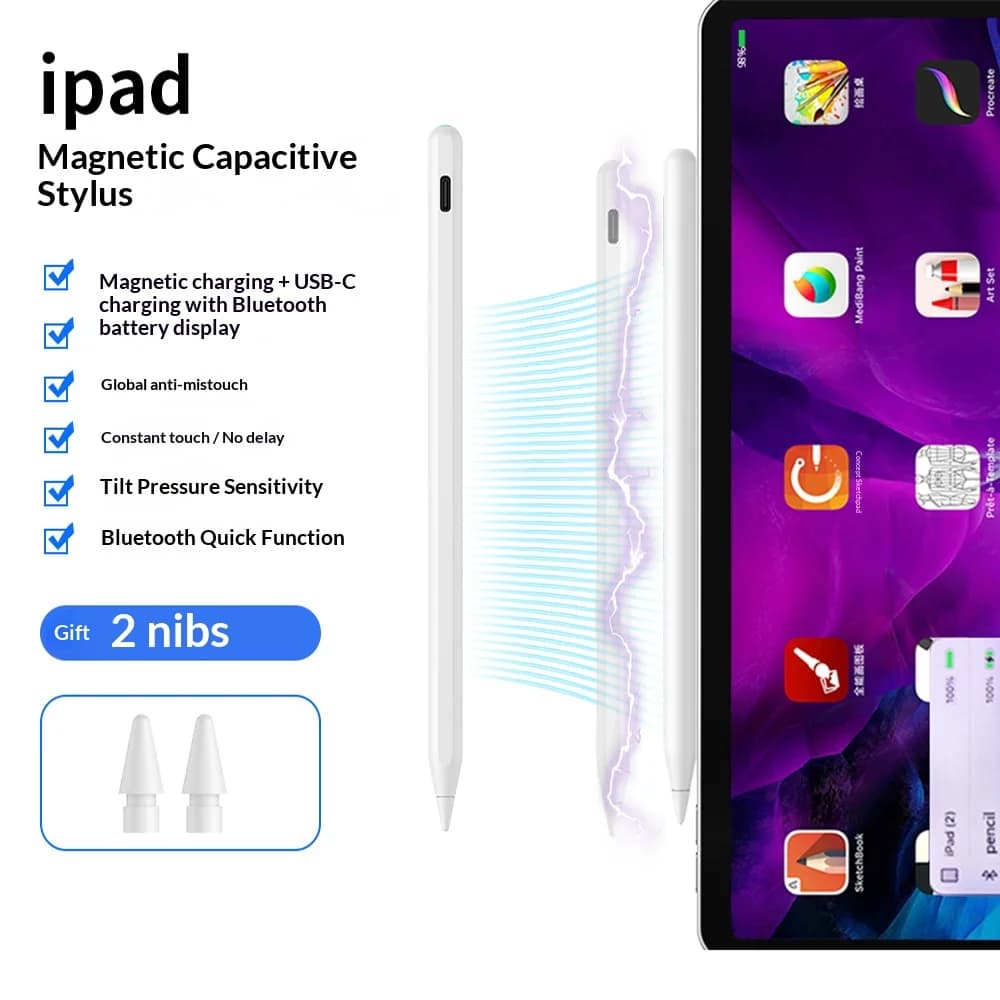 Active Stylus Pen for iPad with Magnetic & Type-C Charging, Bluetooth Battery Display, Tilt Support, Palm Rejection, 2018+