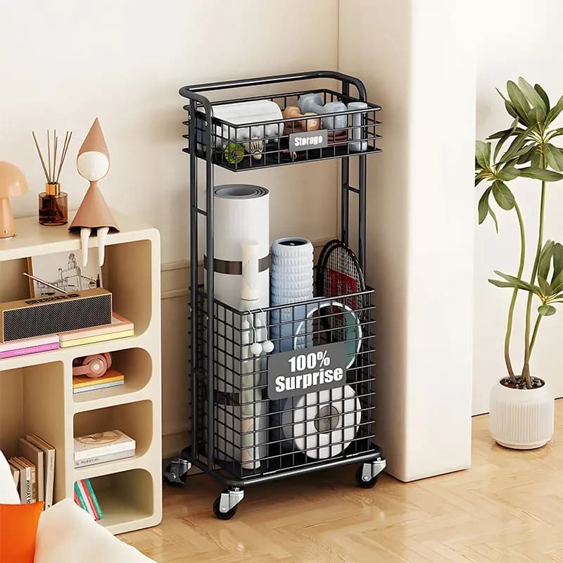 Carrello portaoggetti per tappetini yoga e attrezzature sportive, porta racchette da badminton e cesto porta palloni da basket