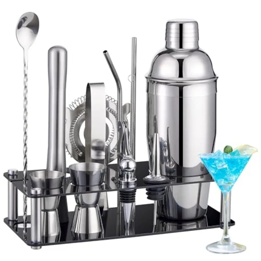 Set Shaker per Cocktail, Kit da Barman: Set da 15 Pezzi in Acciaio Inox con Supporto in Acrilico, Set da Bar con Tutti gli Accessori Pratici