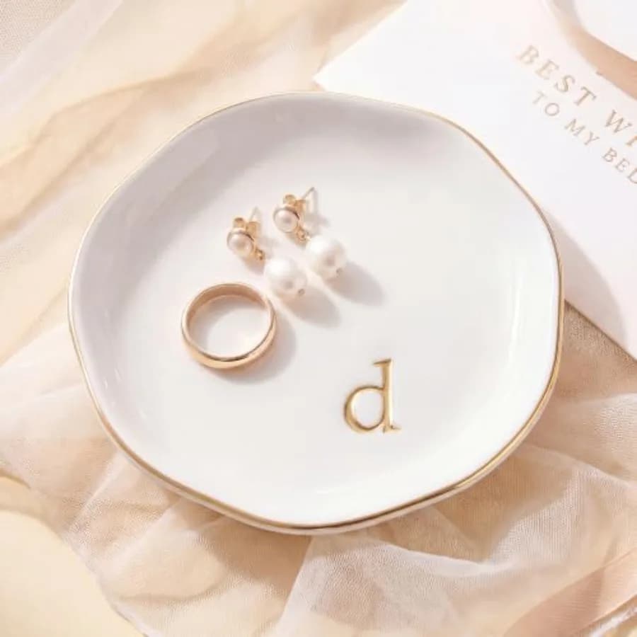 Ceramic Jewelry Tray, Personalized Initial Jewelry Dish for Rings Earrings Necklaces Bracelets, White Letter D Initial Ring Dis