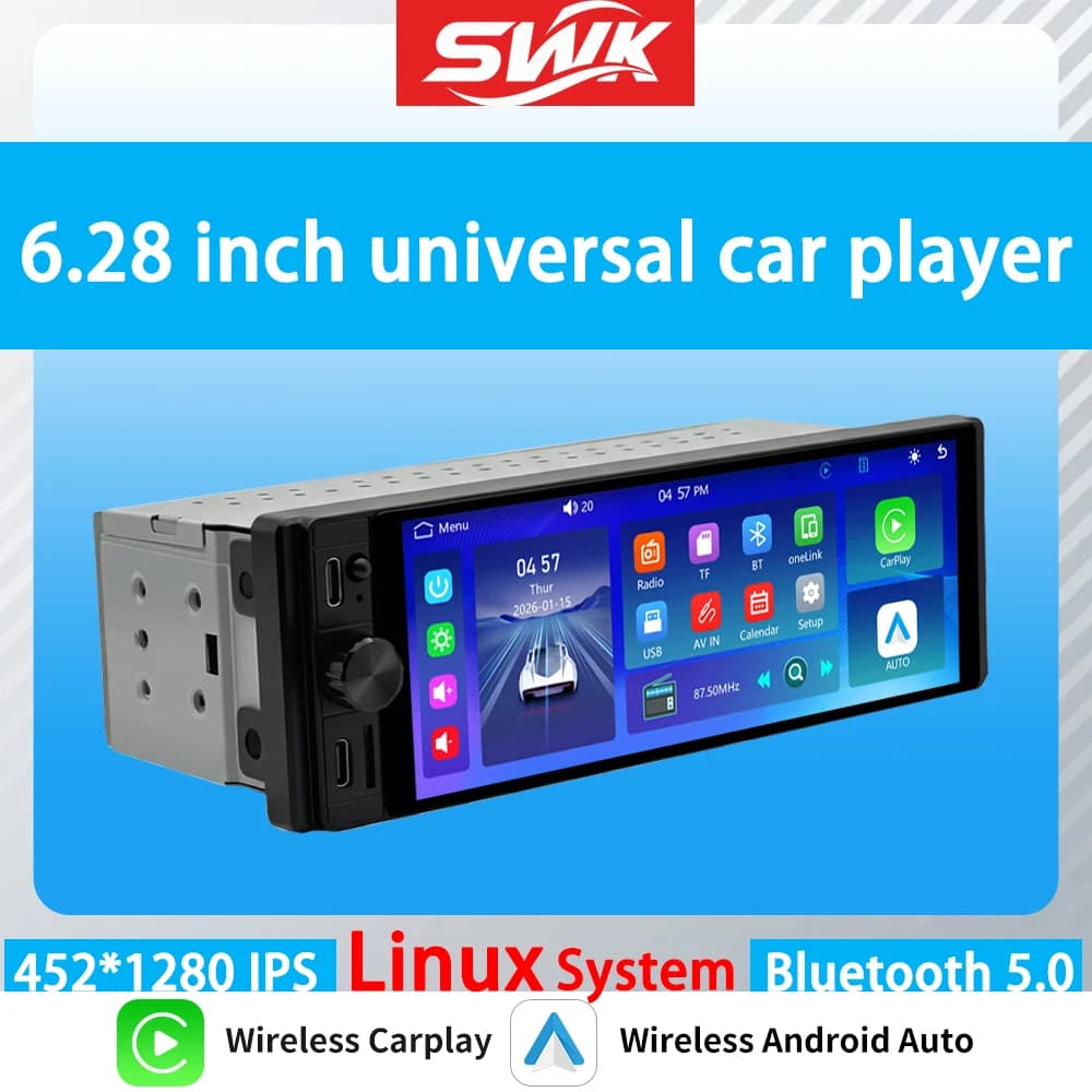 Autoradio universale Linux 1DIN Wireless Carplay da 6,28 pollici con schermo touch IPS, USB, Bluetooth e lettore multimediale video.