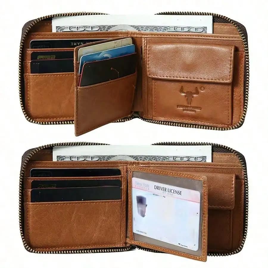 Portafoglio con cerniera in vera pelle con blocco RFID per uomo, portafoglio sottile bifold con tasca portamonete con cerniera, scomparti per carte di credito - Regalo ideale per uomo a San Valentino