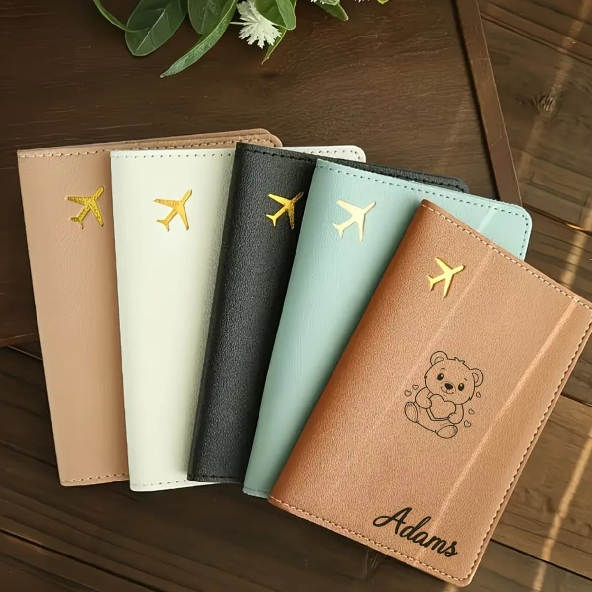 Custom Name "Adams" Cute Bear and Airplane Design Travel Passport Holder - Lightweight Foldable Organizer for ID and Documents