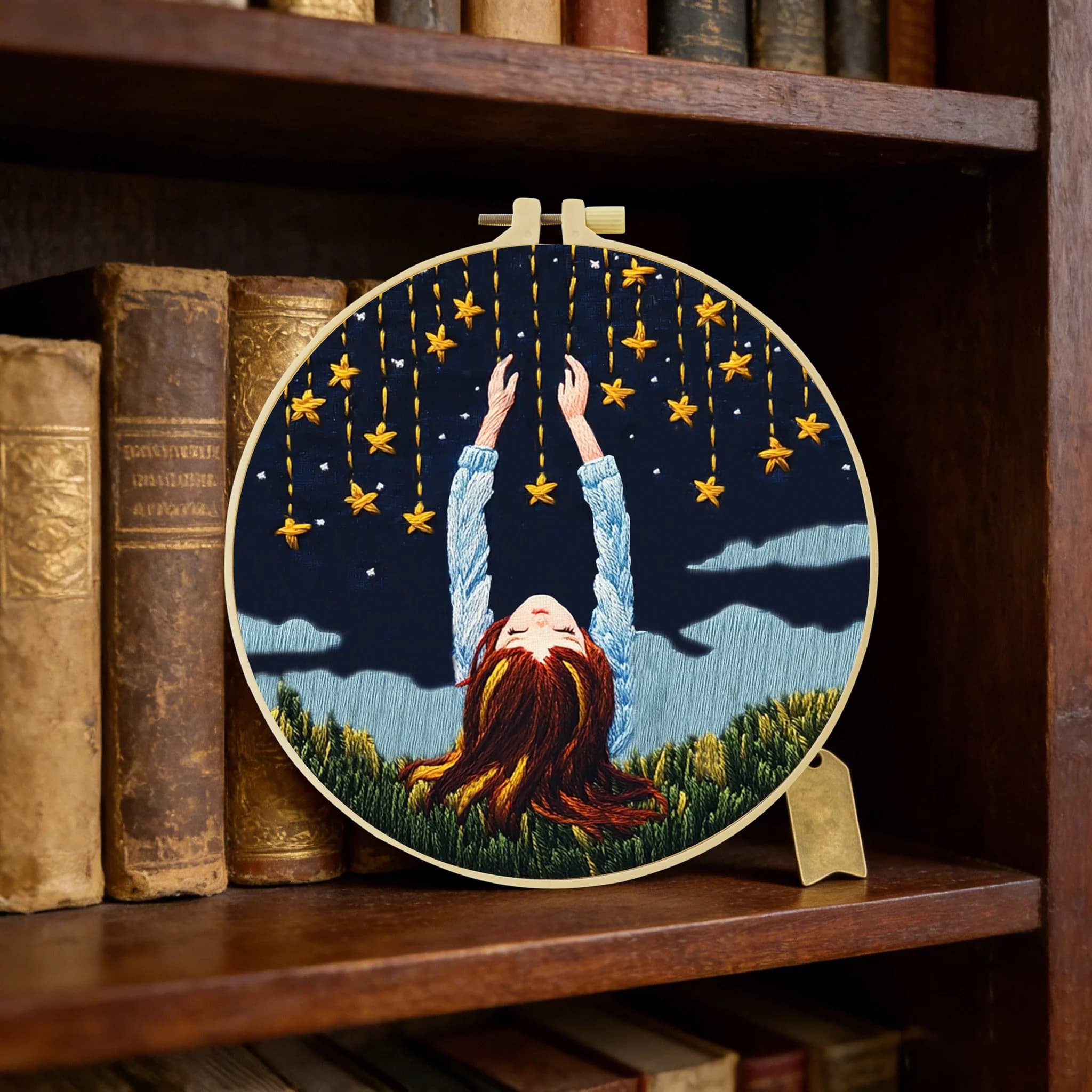 1 pz 20x20CM/15x15CM Kit per Principianti di Ricamo su Carta Solubile in Acqua, Tema 'Reaching out to grasp the star', Arte del Ricamo a Punto Croce Fai da Te per Gi