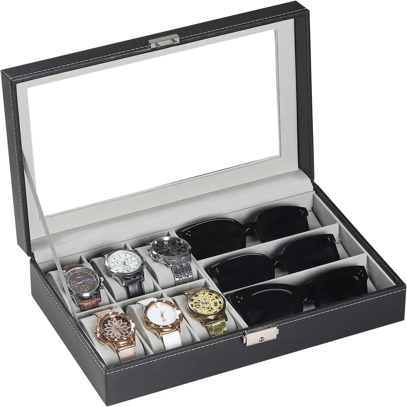 Scatola in Pelle per Orologi e Occhiali con Espositore per Gioielli, Organizzatore con Coperchio in Vetro per Uomo e Donna, Nero
