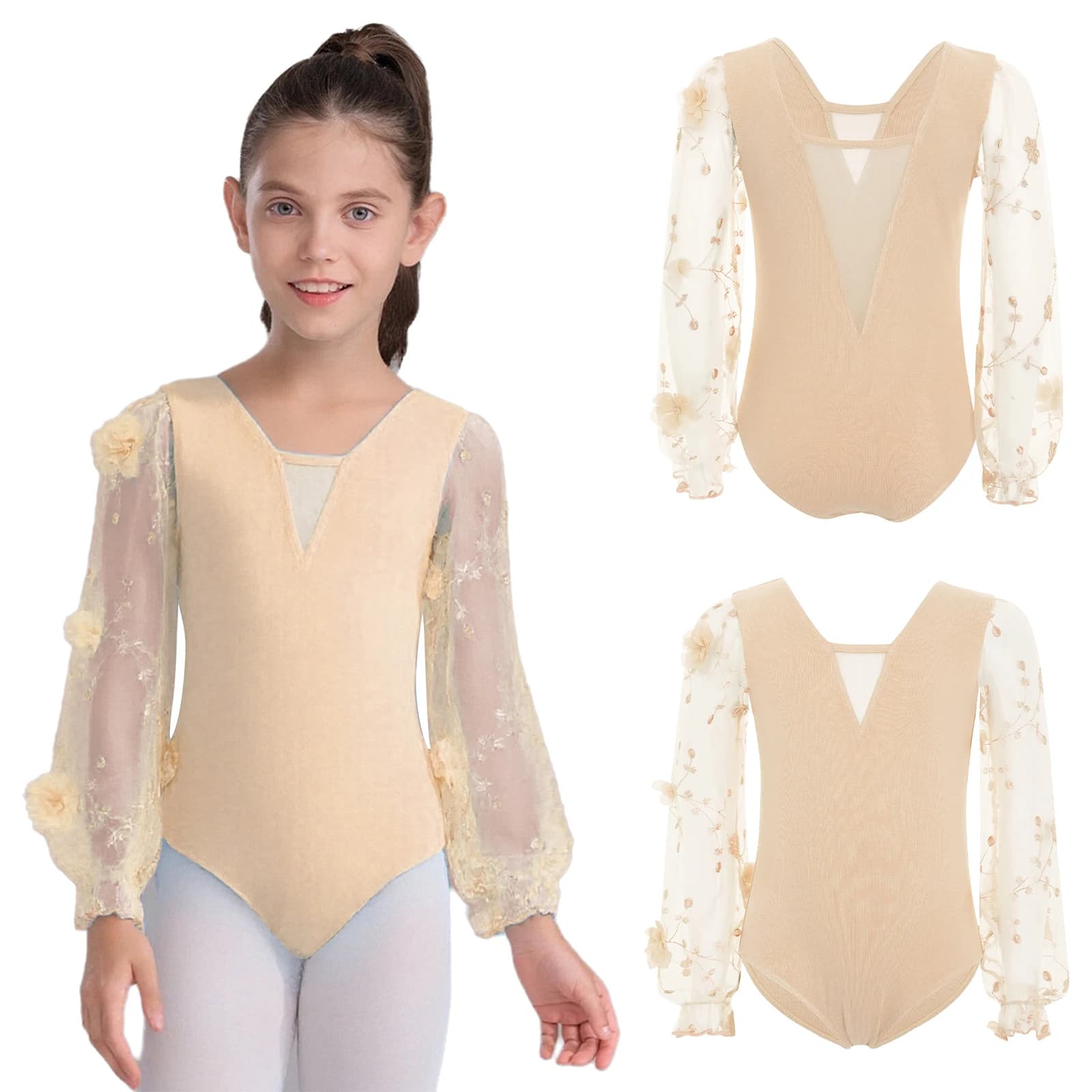 Body da balletto lirico per ragazze Ricamo floreale 3D Maniche a sbuffo trasparenti Body da ballo latino per spettacoli di pattinaggio su ghiaccio