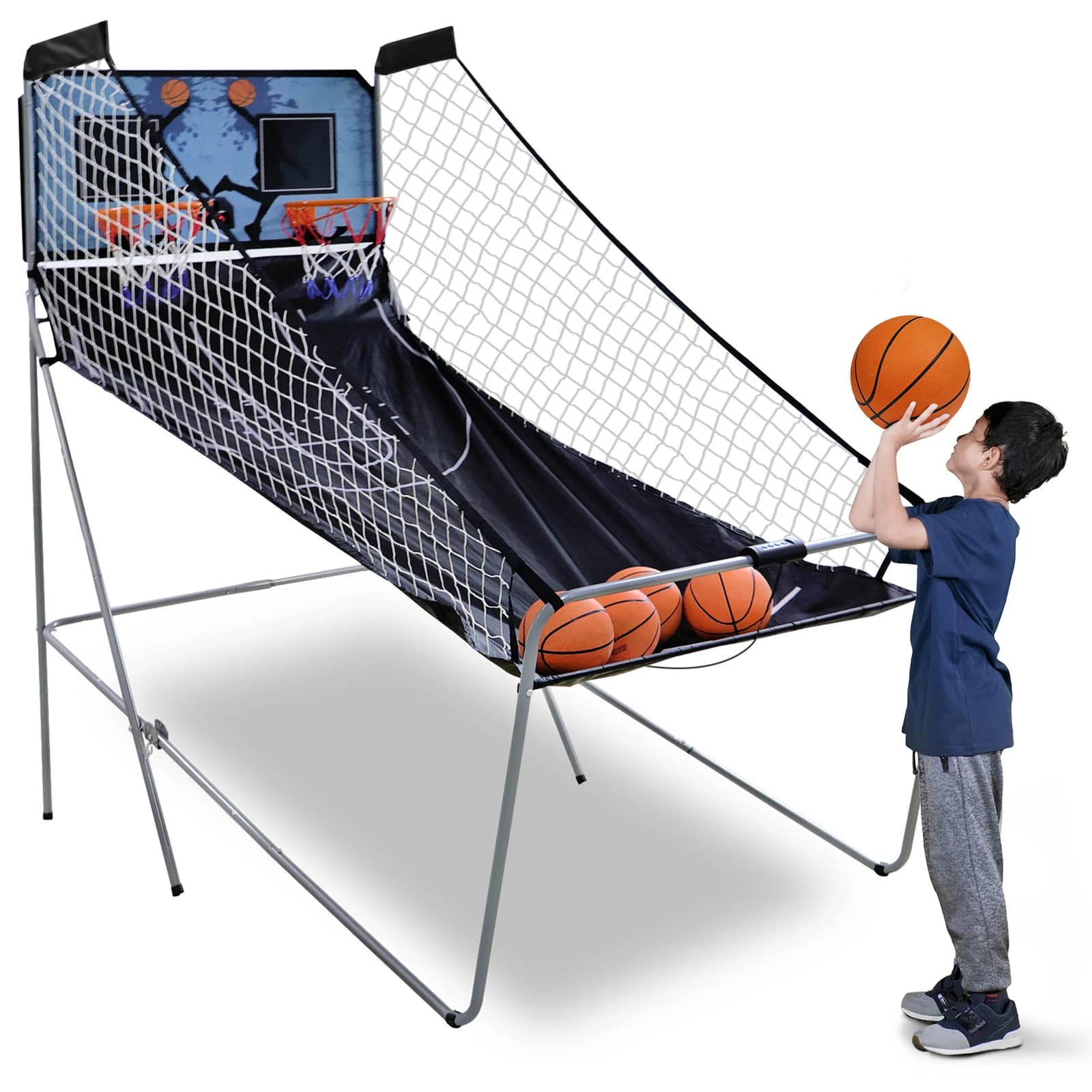 Gioco arcade di basket da interno con doppio canestro elettronico per 2 giocatori con 4 palloni