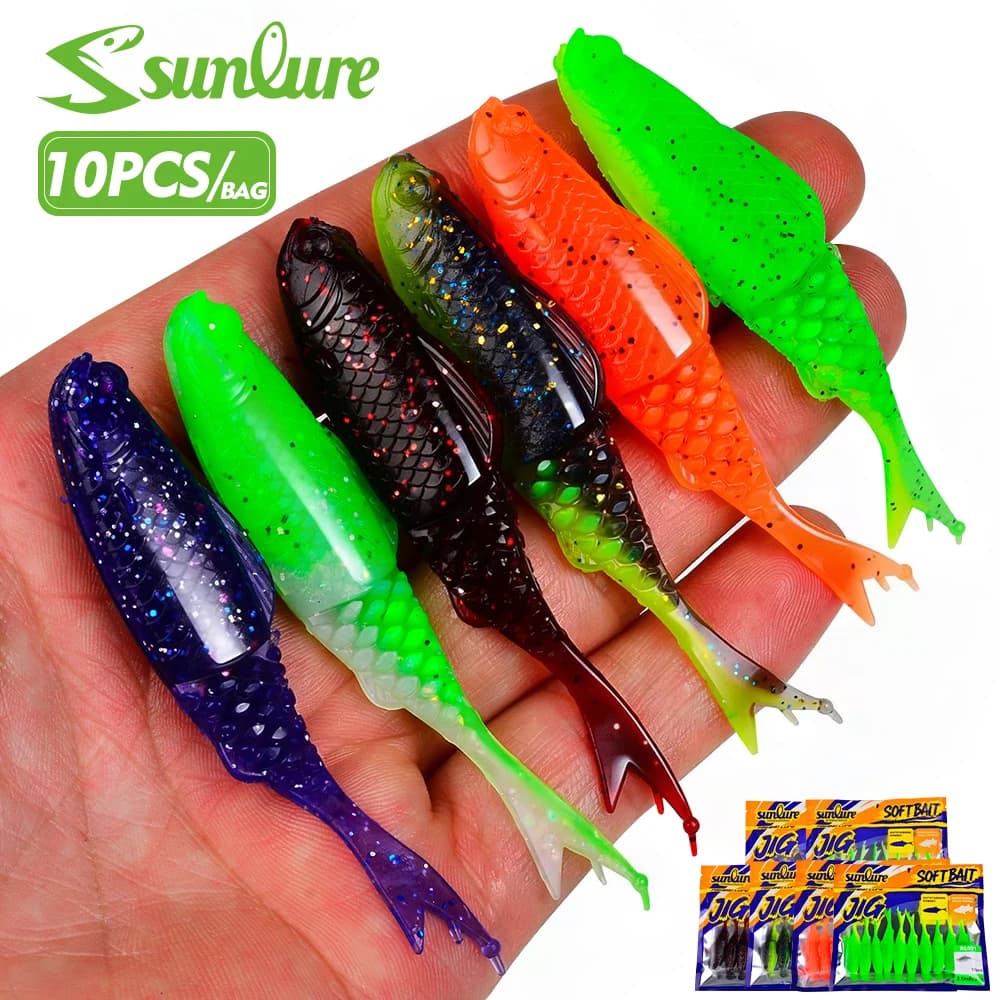 Sunlure 10 Pezzi/Sacchetto Esche Morbide a Coda a T, Swimbait, Esca da Pesca, Wobbler, Esca per Bass, 6 Colori, Esca Artificiale Morbida per la Pesca