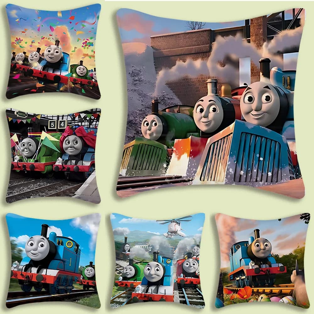 Thomas The Train Federe per cuscini quadrati Divano dei cartoni animati Decorativo per la casa Stampa fronte-retro Fodera per cuscino corta in peluche carina