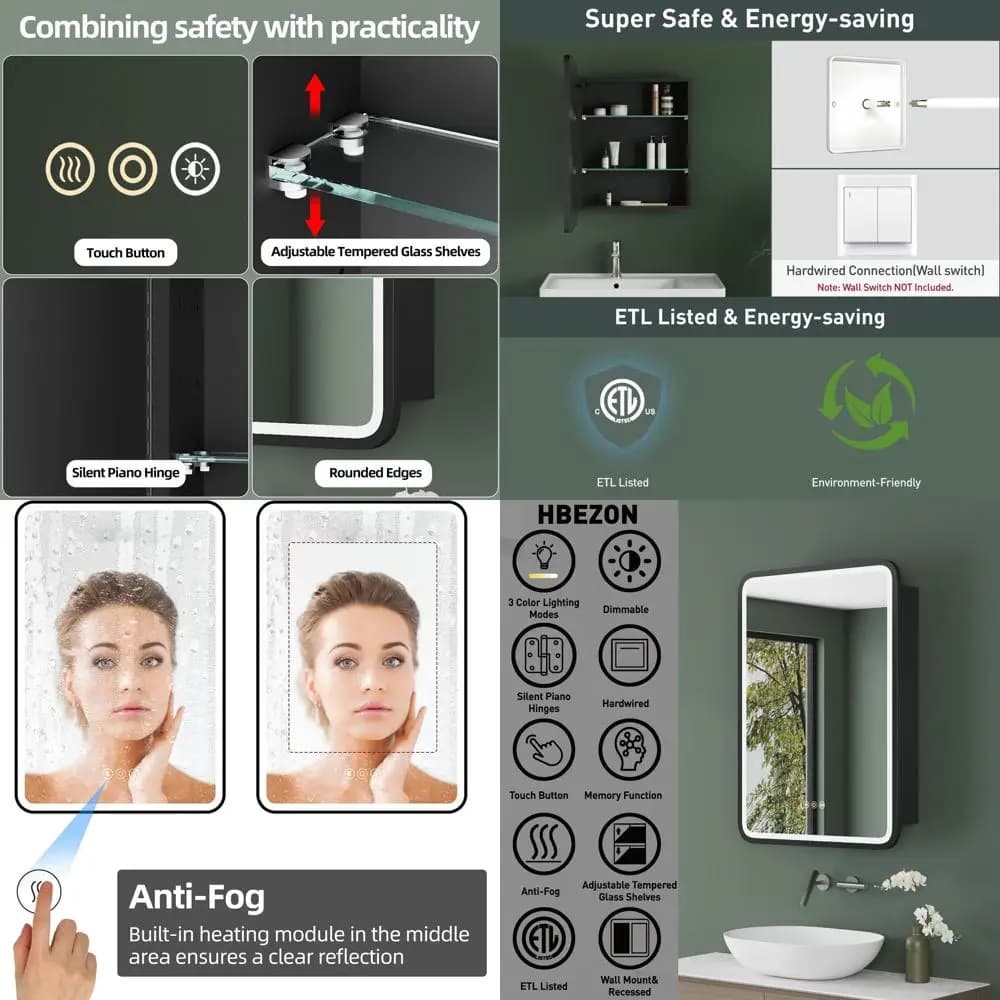 Armadietto per medicinali con luci a LED e specchio, mobiletto da bagno da parete o da incasso da 28 x 20 pollici, ripiano in vetro temperato regolabile