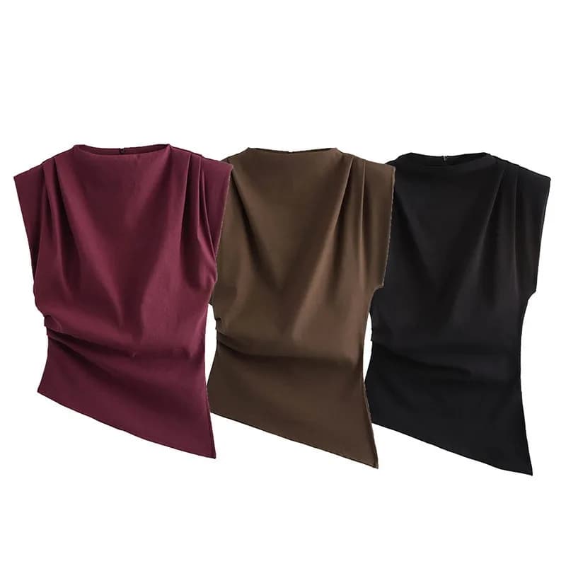 Blusa Estiva da Donna con Spalle Scoperte, Maniche Corte, Tinta Unita, Bordeaux, Orlo Asimmetrico, Top con Cerniera Posteriore, Corpetto Drappeggiato, Modello Corto