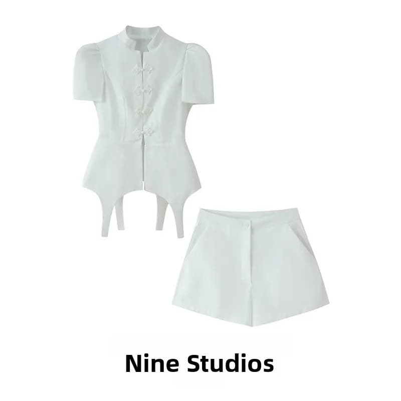 Elegant Short Sleeve Rope Buckle Jacket Shorts Set Women's Fashion Ensemble Four Seasons Versatile Stand Collar Western ...