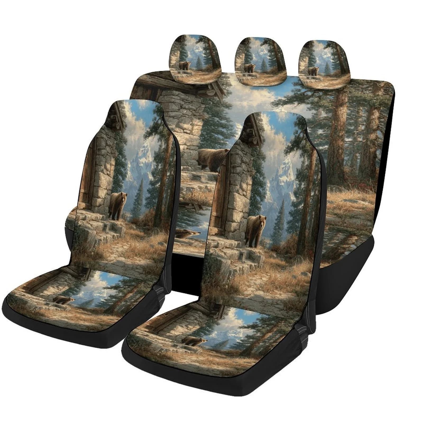 Bear By Cabin Themed Car Seat Cover Set - Full Set For 2 Front & Rear Seats, High-Quality Polyester, All-Season Protection, Fit