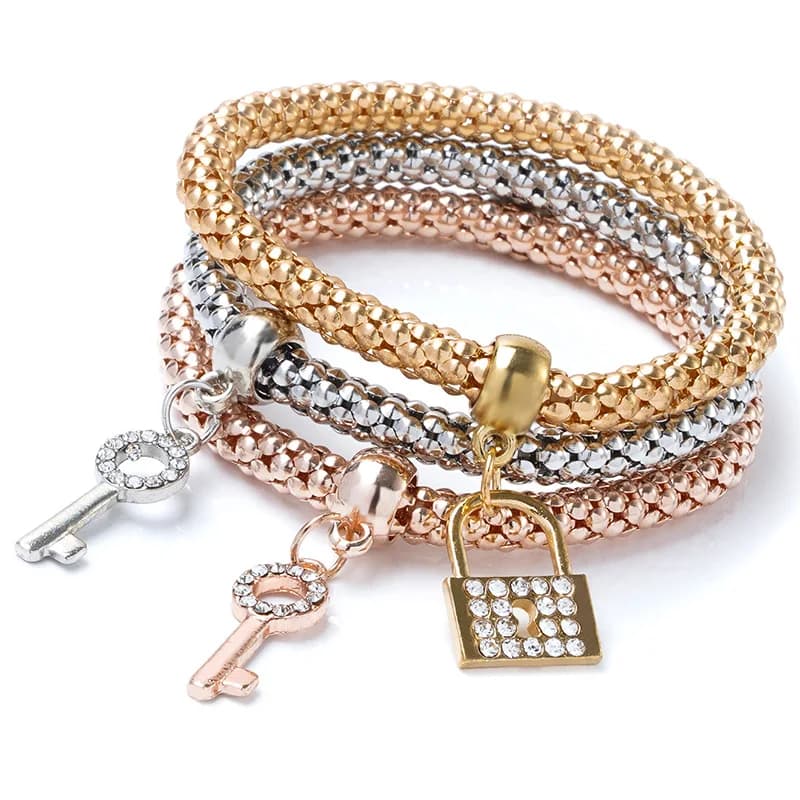 Nuovo set da 3 pezzi con lucchetto a forma di cuore, chiave, segno musicale, braccialetto con ciondoli, placcatura in oro rosa, catena color argento, set di gioielli con bracciale con ciondolo