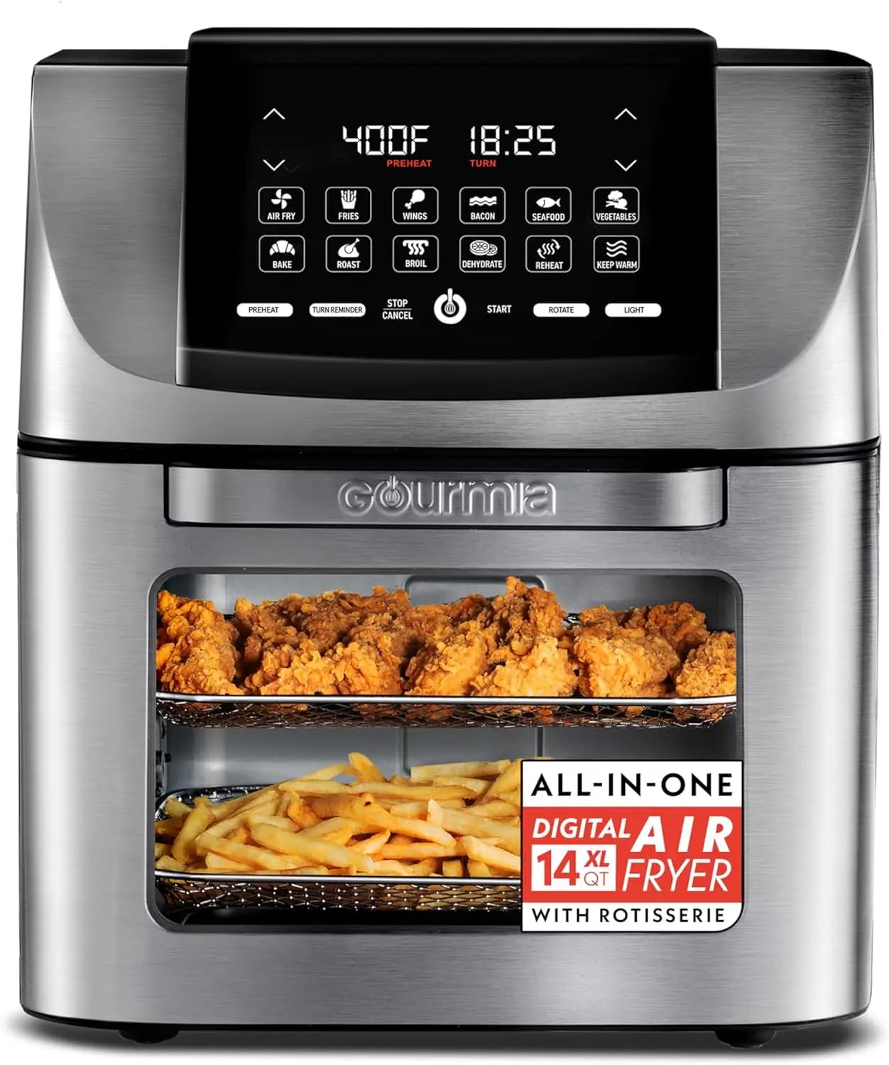 14 Qt Air Fryer Oven with Rotisserie, 12 Presets, Digital Display, Dishwasher Safe, Stainless Steel