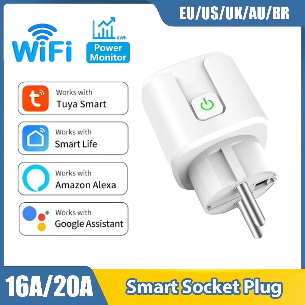 Tuya Smart WiFi Plug US UK EU AU Brasile Presa di corrente Monitor di alimentazione Smart Life APP Assistente remoto di Google Controllo vocale Alexa