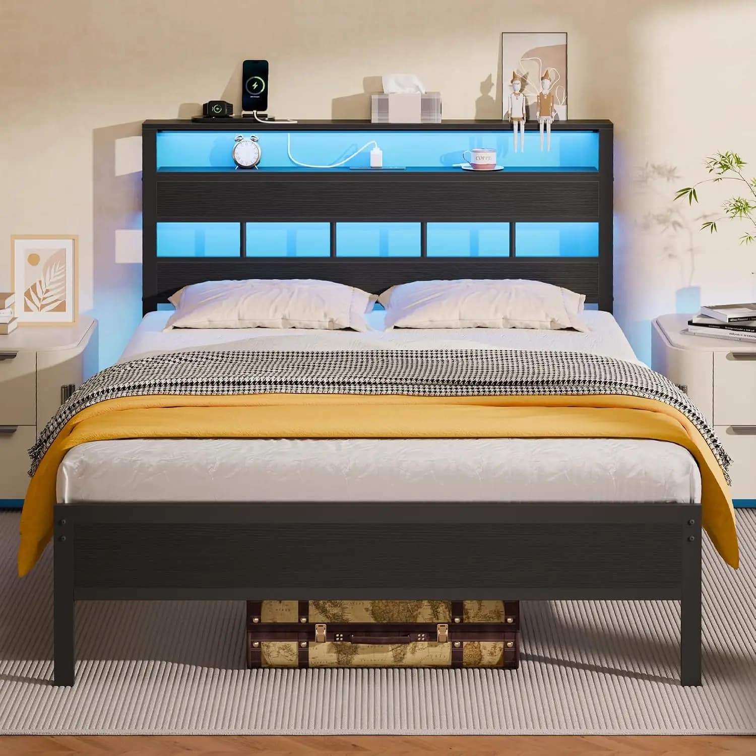 Full Size Metal Platform Bed Frame with Storage Headboard, RGB LED Lights and Charging Station, Black Oak