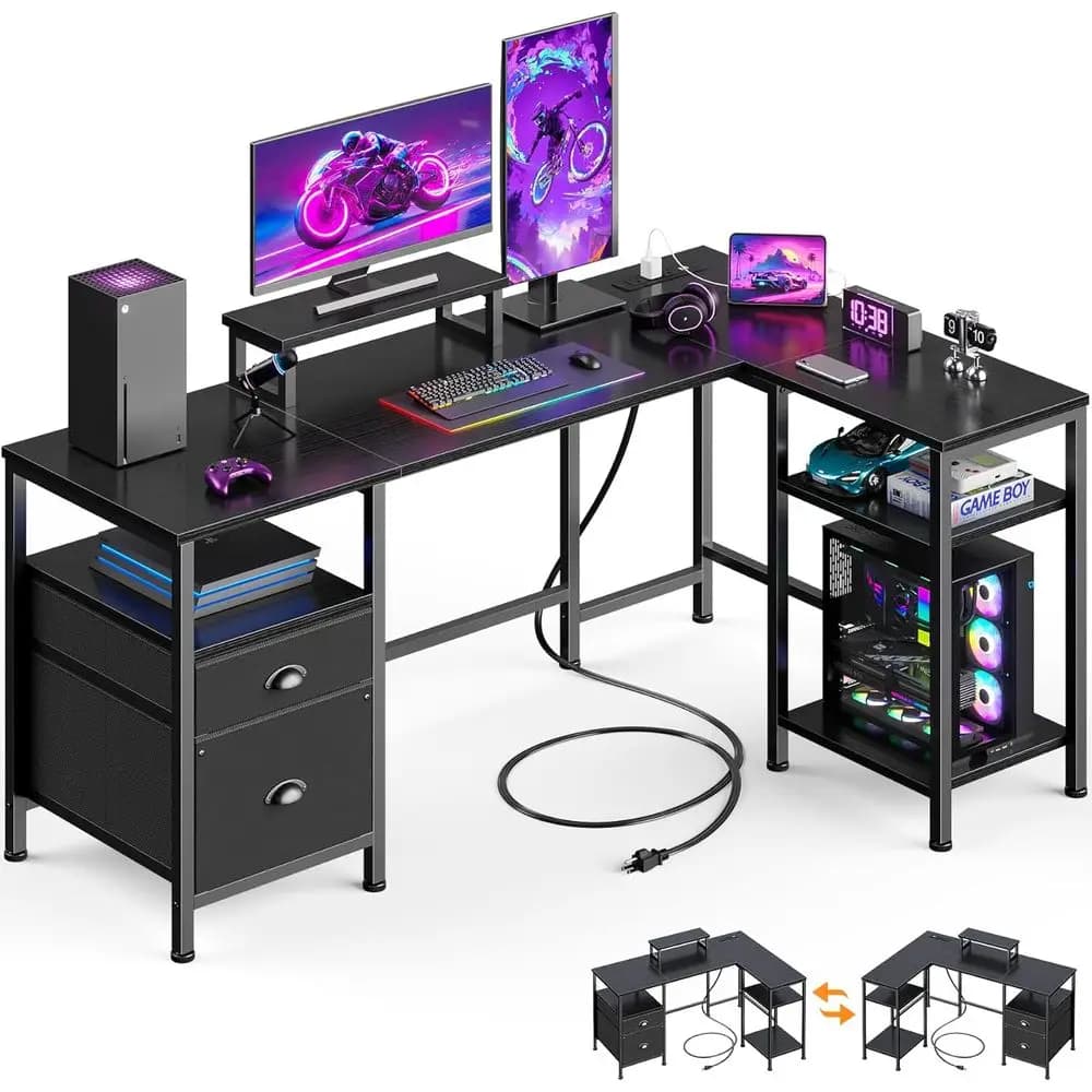 50 Inch L-Shaped Gaming Desk with Power Outlet, Reversible Study Table, Monitor Stand, Storage Shelves, Black