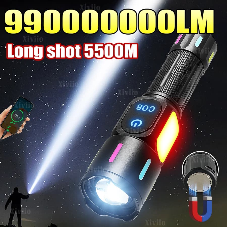 2026 Most Powerful LED Flashlight Strong Light Rechargeable Flashlights Long Range 5500M Tactical Torch Fishing Camping Lantern