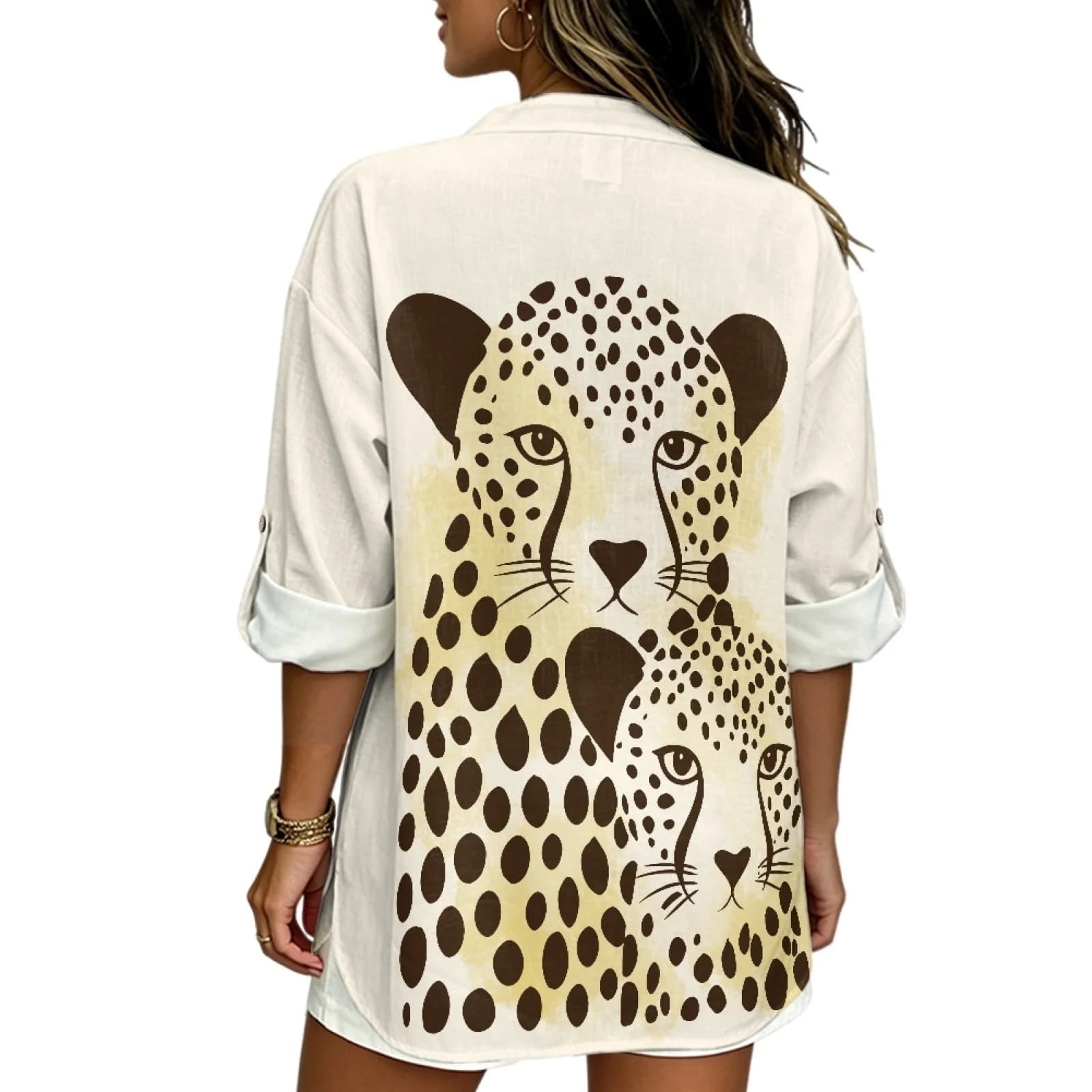 PENSTROLL Leopard Print Linen Style Casual Blouses Rolled Cuffed Casual Loose Fit Blouses for Vacation Sizes S-5XL