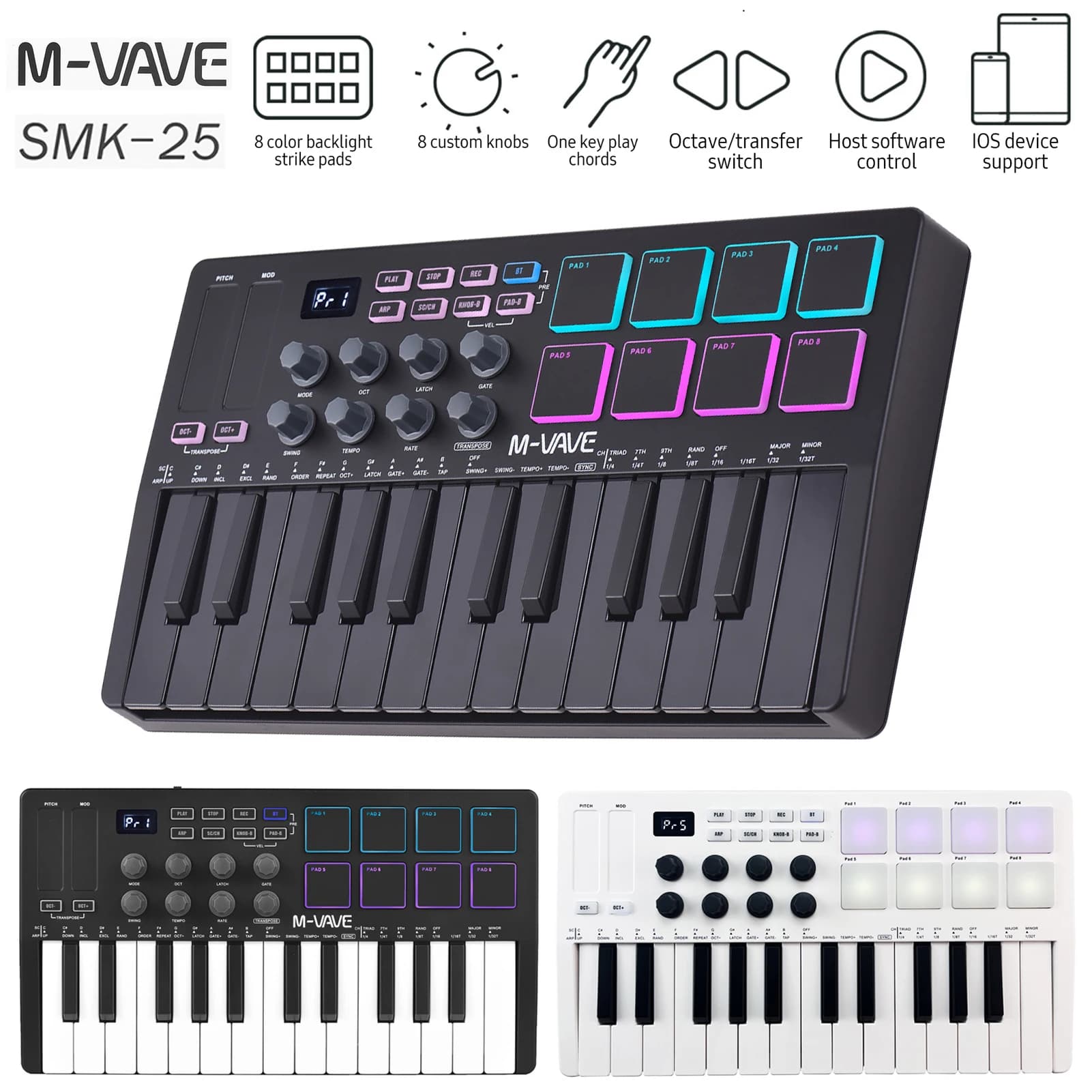 M-VAVE SMK-25 Controller tastiera MIDI 25 tasti 8 batterie retroilluminate RGB Beats Maker Tastiera musicale Strike Pad per la produzione musicale