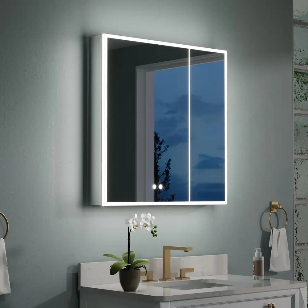 Armadietto Portamedicinali 30x30 con Luci, Specchio Ingranditore 3X, Armadietto a Specchio Antiappannamento, Armadietto Portamedicinali da Bagno con Prese Elettriche