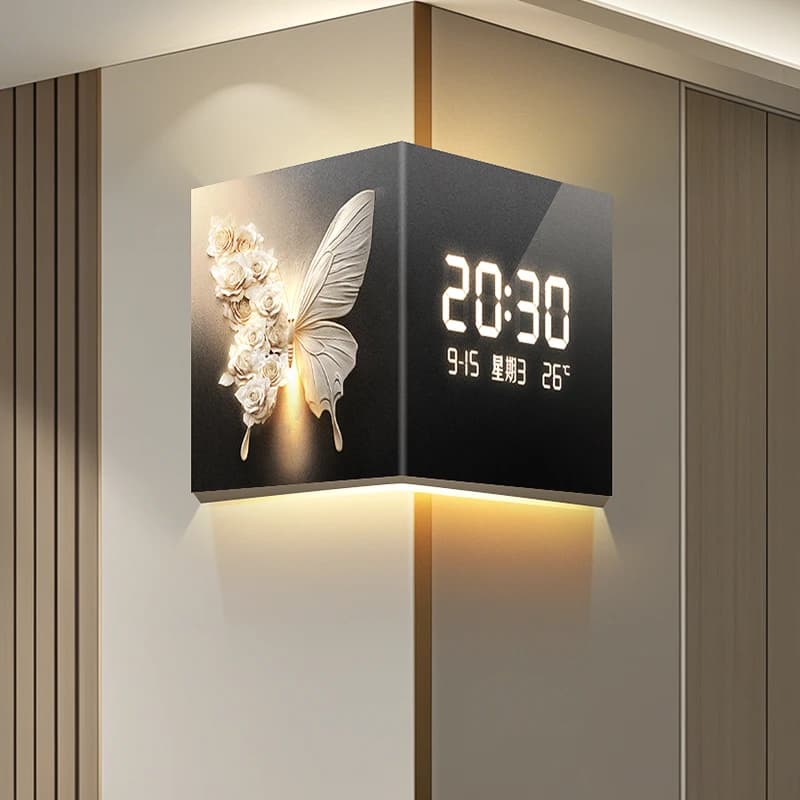 Orologio da Parete di Lusso per Soggiorno, Decorazione Angolare, Display LED Elettronico a Doppia Faccia, Design Moderno
